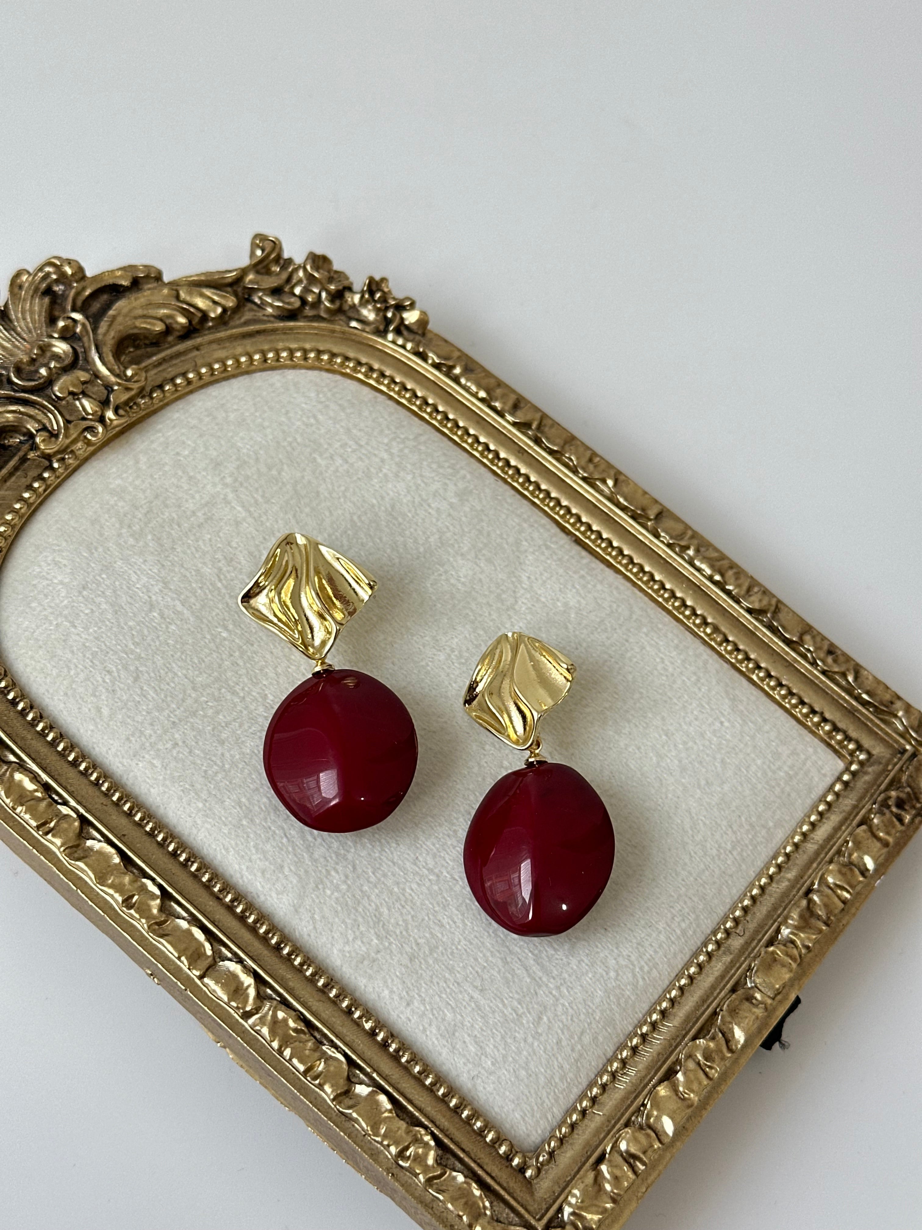 Bordo Vintage Elips Taş Küpe