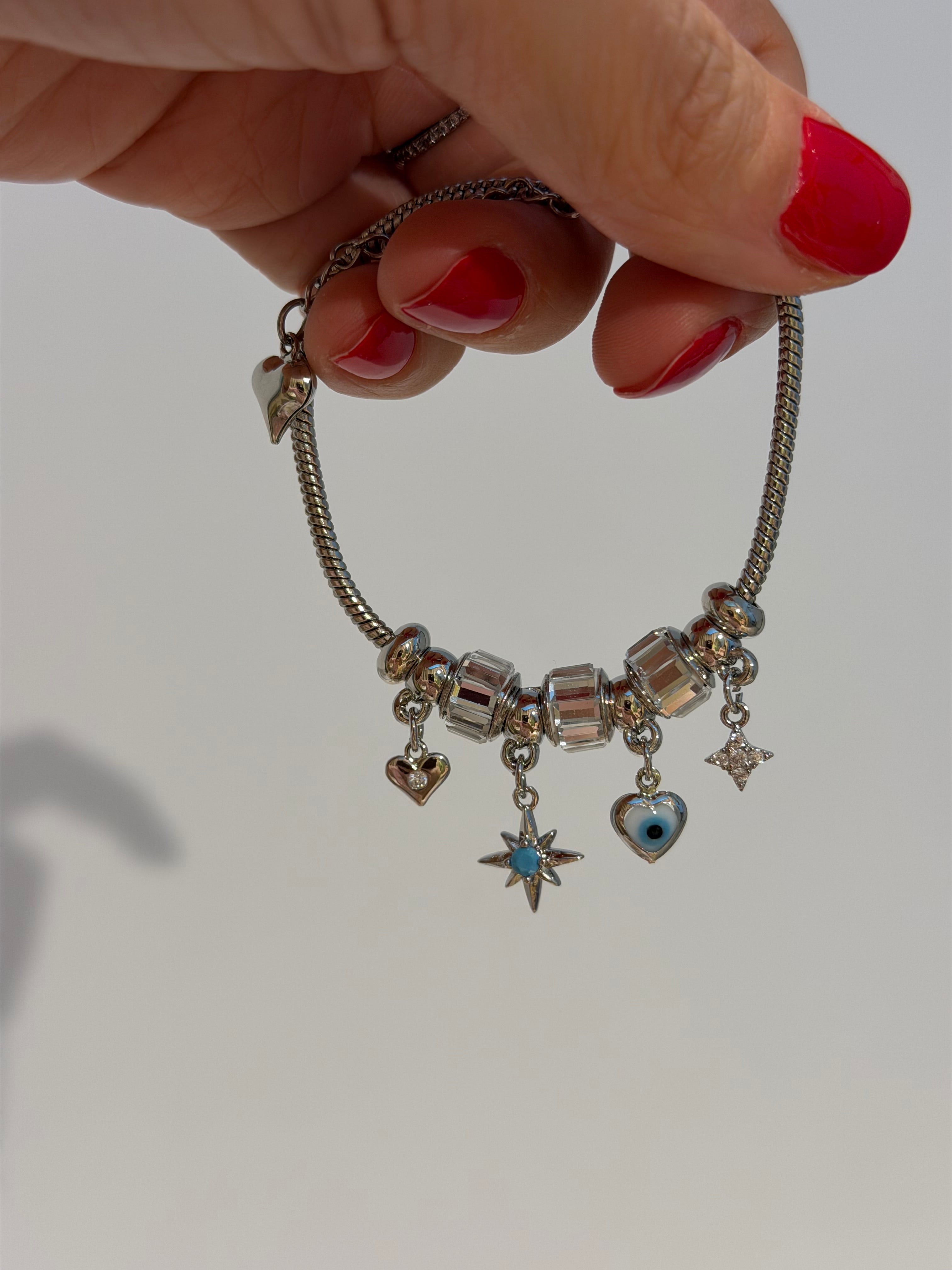 Silver Kalp Yıldız Charm Bileklik Çelik