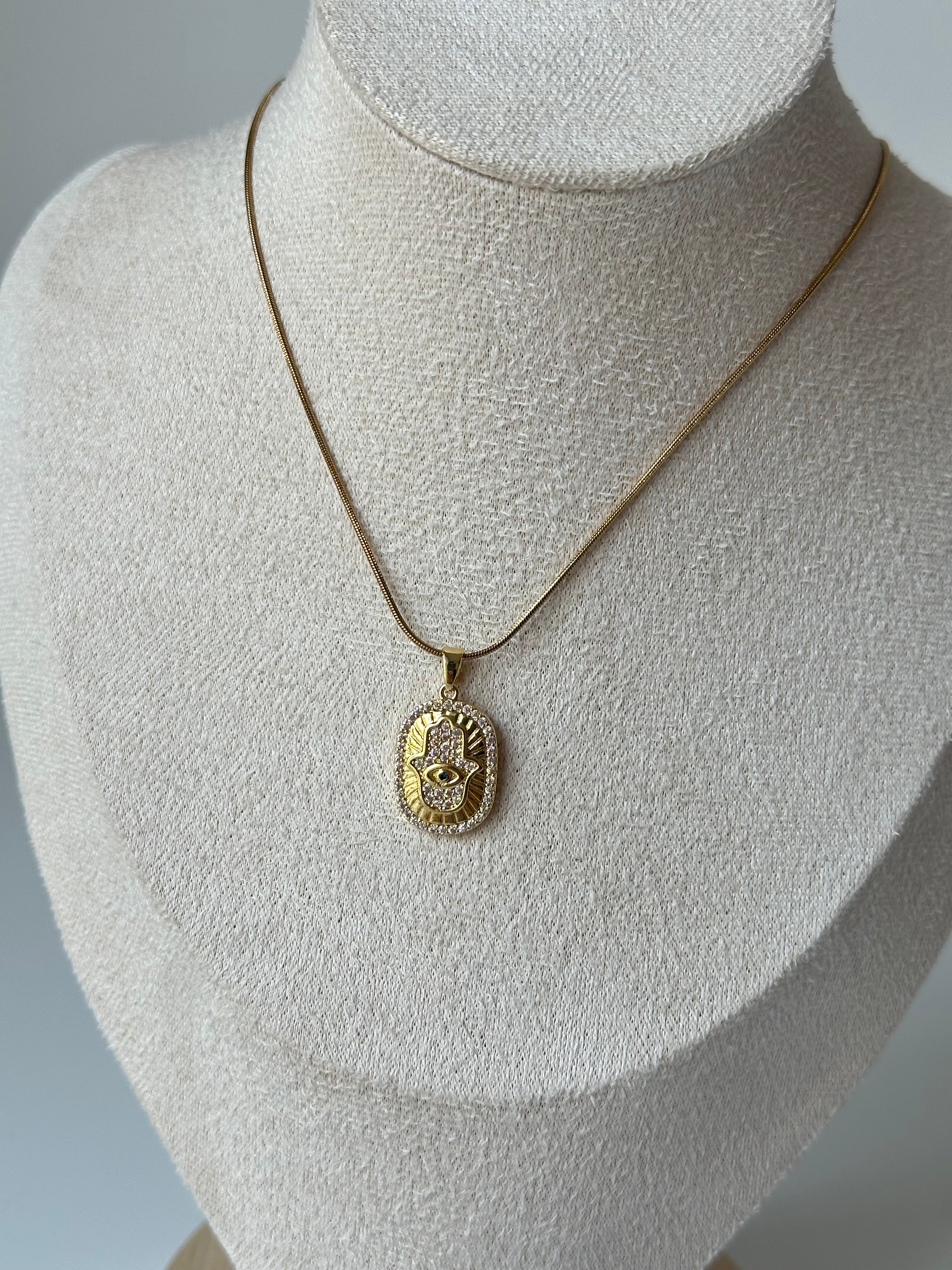 Hamsa Plaka Taşlı Kolye Çelik